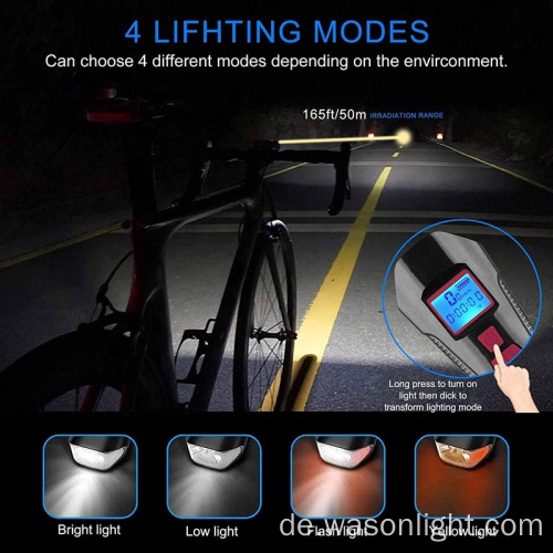 Heißverkauf USB wiederaufladbar Mountain Road Bike Black Light und Front Light Set -Zyklus -Scheinwerfer mit Fahrrad Tachometermesser